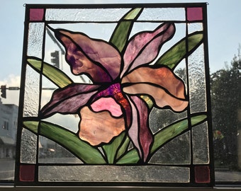 Orchid Pink and Purple Stained Glass Flower Panel Sun Catcher