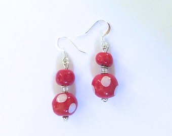 Kazuri Earrings, Red and White Ceramic Earrings