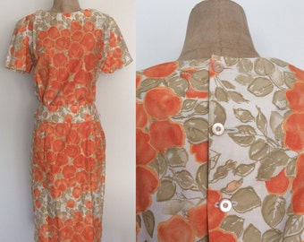 RESERVED....................1960's Peach Floral Print Skirt & Top w/ Button Up Back Size Small by Maeberry Vintage