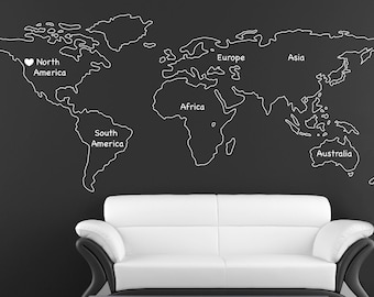 outlined world map decal with continents vinyl wall sticker decals home decor wall decals stick on