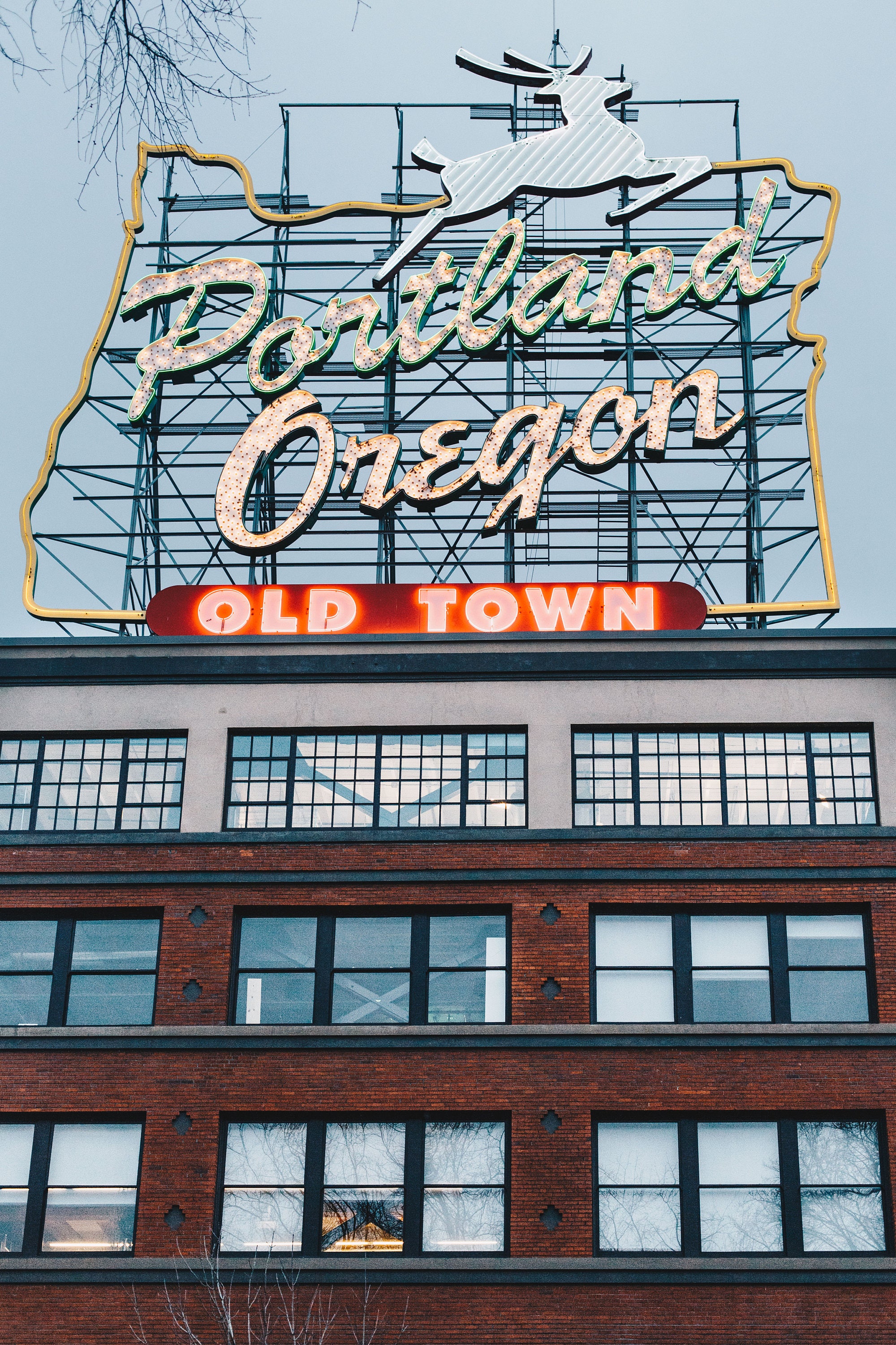 Portland Oregon Neon Sign Old Town Brick State Deer