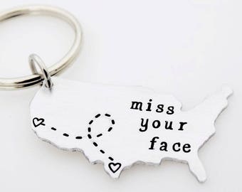 CUSTOM Long Distance Relationship KEYCHAIN - USA - I Miss You - add your own Personalized Message going away gift for her or him