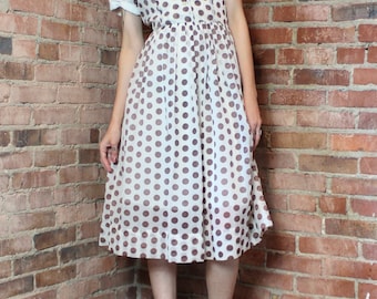 Vintage 50s Polka Dot Shirt Waist Dress Small Medium Brown White Collared 1950s Pinup Rockabilly Midi Skirt