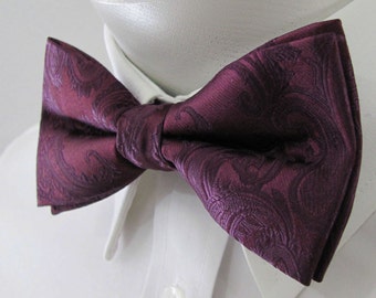 Mens Bowtie Eggplant Purple Paisley PreTied Mans Bow Tie Pre tied