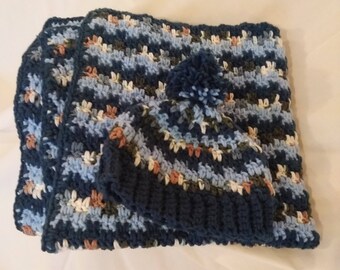 Blue and Brown Hat and Blanket set