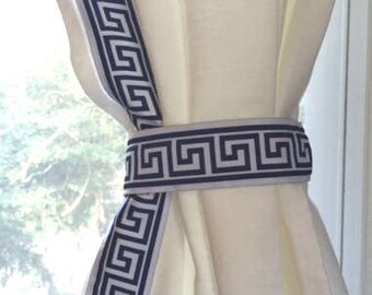 Navy Blue and White Trim Greek Key Curtain