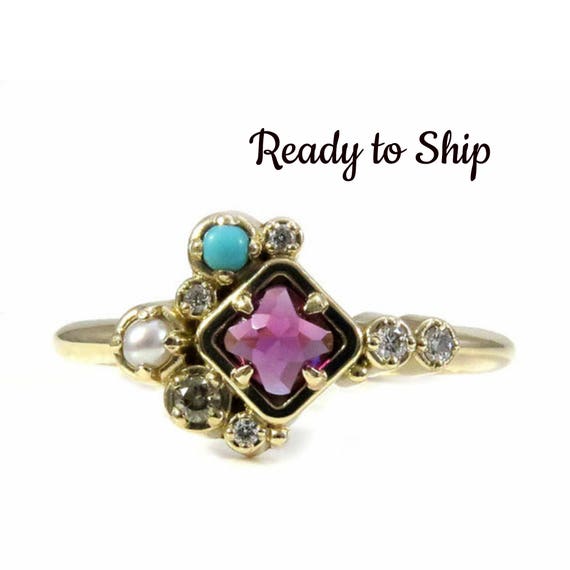 Ready to Ship Size 6.5 - 8.5 Rhodolite Garnet, Turquoise and Pearl Cluster Ring with Champagne and White Diamonds - 14k Yellow Gold