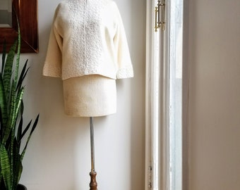50s Neusteters Angora Sweater/50s Beaded White Rabbit Sweater/Off White Beaded Cardigan/50s Sweater Jacket/Size M/21"Long/39"Chest/11"Sleeve