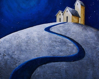 Painting of houses on hill & full moon, nightscape image, blue white grey wall art, original acrylic art on wood, 11x14 inches ready to hang