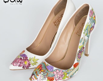 DRACONIS - dragon shoes, asian stiletto, hand painted, custom design stiletto, tattoo shoes
