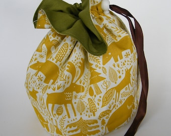 Forest Animal Project Bag. Small Drawstring bag ideal for knitting or crochet projects