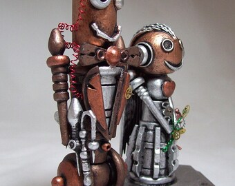 Steampunk Wedding Cake Topper Victorian Wood Robot Bride and Groom