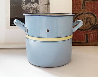 Blue and yellow enamel casserole. France 1940