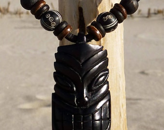 Surfer Chain Leather Necklace Tiki Necklace Surfer Tiki Pendant Hardwood ©HIMUWAVESde
