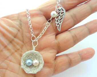 Miscarriage Nest Necklace, Baby Loss Jewelry,Angel wing with swarovski Pearl,Remembrance Necklace,Pregnancy Loss,Miscarriage Jewelry