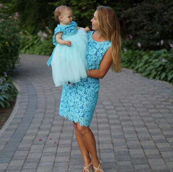 Teal Mother Daughter Matching Tutu Lace Dress Mini Dresses 6819