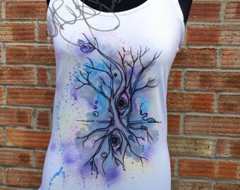 Handmade, hand painted tank top surreal tree eyes design
