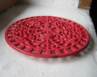 French Enamel Trivet, Vintage Cast Iron Pan Stand, Enamel and Cast Iron Trivet, Enamel Pot Stand