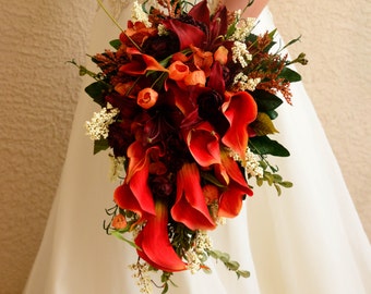 Celtic Brides Wedding Bouquet Set in Orange and Deep Red 13 Piece