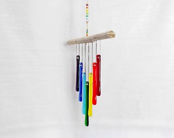 Rainbow Windchime, Rainbow Wind Chime with Driftwood, Glass Chimes, Glass Rainbow, Rainbow Suncatcher
