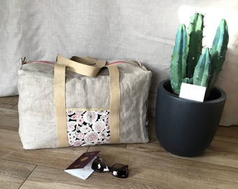Large travel bag in linen and Liberty of London, black, red and gold