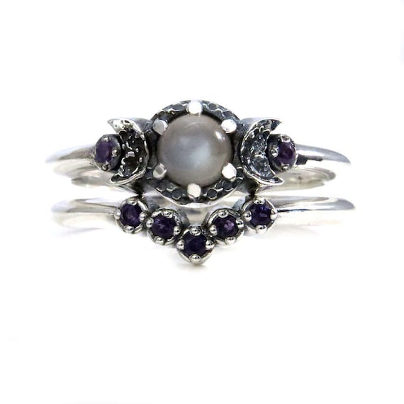 Grey Moonstone and Amethyst Triple Moon Ring with Amethyst Chevron Wedding Band - Sterling Silver