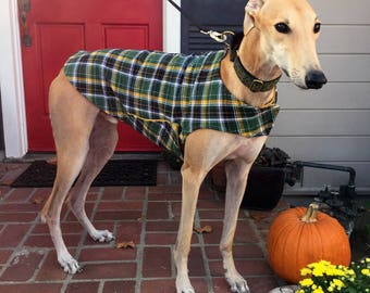 Greyhound Dog Coat, XL Dog Jacket, Green, Black, White, and Gold Flannel Plaid with Gold Fleece Lining