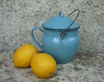 French enamel blue pot with lid and handle