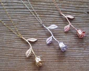 Bridesmaid Gift, Sterling Silver Rose Necklace, Gold Filled Necklace, Rose Gold Floral Necklace, Gold Rose Necklace, Silver Rose Pendant