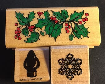 3 Christmas Stamps. Holly, Christmas Bulk, and Snowflake (as is),