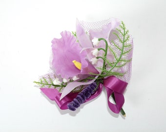 1940s - 1950s - Purple Orchid & Lilly of the Valley Plastic Corsage w/ Tulle - True Vintage