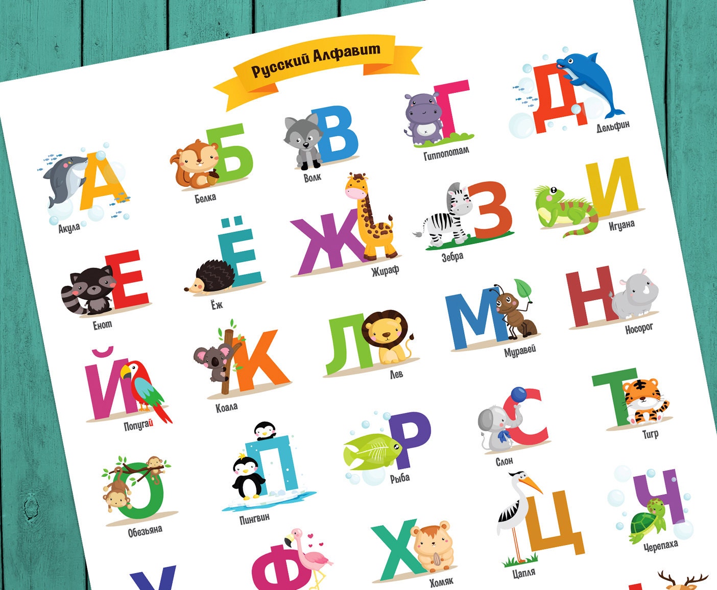 russian alphabet poster with animals cyrillic kids alphabet