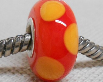 Orange Large Hole Lampwork Bead Bright Orange with Light Orange Dots Silver Cored