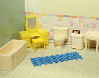 Marx dollhouse bathroom furniture, 1:24 or 1/2 inch scale, Hard plastic with vanity, stool and rubber rug for tin litho dollhouse