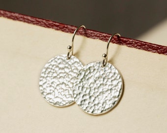 Silver Disc Earrings - Hammered Disc Earrings - Round Silver Earrings - Silver Circle Drops
