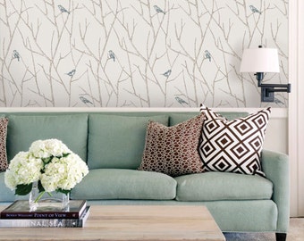 Branch Birds Blue Peel & Stick Fabric Wallpaper Repositionable