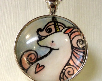 Unicorn Necklace - Art Pendant - Pink - Whimsical Art