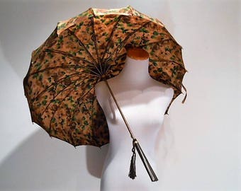 Vintage Pagoda Top Rayon Floral Parasol or Umbrella, c. 1920