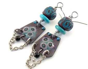 Handmade Earrings, Enameled Earrings, Turquoise and Plum Earrings, Silver Earrings, Artisan Earrings, Boho Earrings, Flower Earrings, AE189