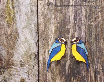 Bluetit bird earrings, laser cut jewellery.