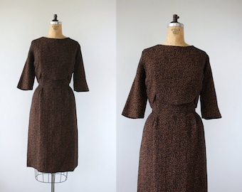 vintage 1950s dress / 50s plus size dress / 50s brown and black wool dress / 50s wiggle dress / 50s scallop waist dress / 50s party dress