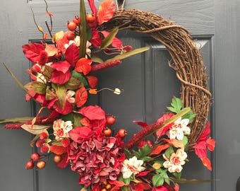 Fall Wreath, Fall Door Wreaths, Wreaths for Fall, Front Door Wreaths, Red Wreaths, Red Door Decor, Hydrangea Wreath, Fall Hydrangea Wreath