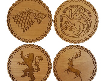 Game of Thrones Inspired Wooden Coasters - Set of 4 Main House Sigils - Cherry Wood Veneer