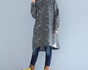 Cotton high collar loose fitting Long dress Women bottoming dress in gray/ coffee color
