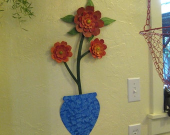 Metal Wall Art Flower Sculpture Large Metal Camellia Blue Vase Recycled Metal Kitchen Wall Decor Red Orange 13 x 24