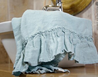 Stone washed linen duck egg blue hand towel with ruffles- tea towel-gift set- linen dusty blue luxurious towel- ice blue hand body towel
