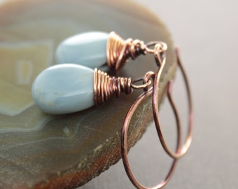 Blue opal copper earrings with smooth briolette stones - Dangle earrings - Drop earrings - Opal earrings - Gemstone earrings - ER012