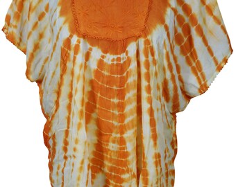 Orange Tie Dye Cover Up Top Kimono Style Gypsy Summer Fashion Rayon Loose Comfy Blouse Kaftan Top