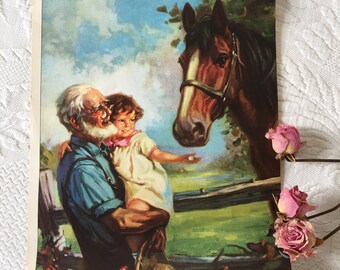 Vintage Print Called Old Fashioned Friendship. Grandpa Holding Little Girl With Sugar Cube In Her Hand for a Horse. Old Picture Print.