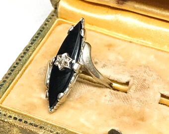 1940s Black Onyx and Diamond Ring, 10kt White Gold Coctail Ring, Art Deco Ring, Women's Vintage Ring